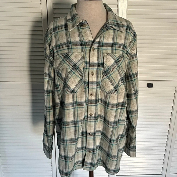 TNA Plaid Oversized Shirt button front flannel Fiona cream brown blue medium - Picture 3 of 13